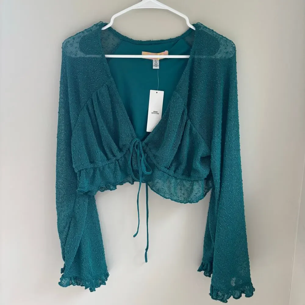 Urban Outfitters NWT Bell Sleeve Crop Top Tie Front Ruffles Boho Size Large